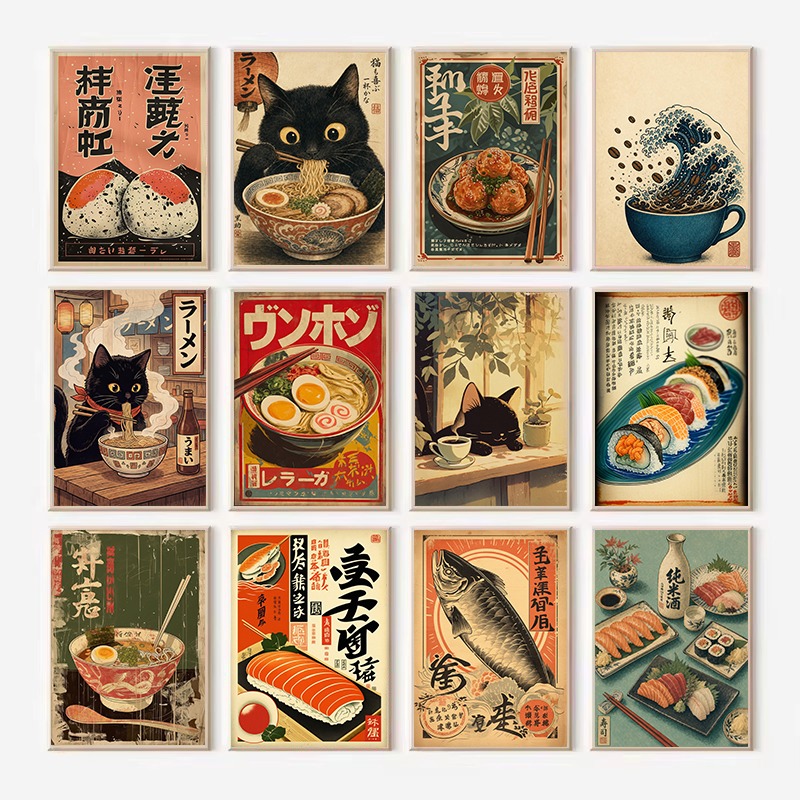 Japanese Food Lifestyle - ヴィンテージ日本のライスロール、刺身、ラーメン、S-Sushi、エスプレッソ、猫フードのポスターカンバス絵画、壁飾り、ホームキッチン装飾