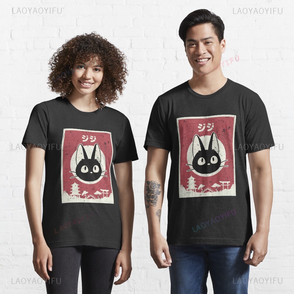 Japanese Lifestyle Anime - かわいいジジ猫黒猫プリント Tシャツトップスアニメ日本の美学ブルーライフスタイルクラシック男性女性服
