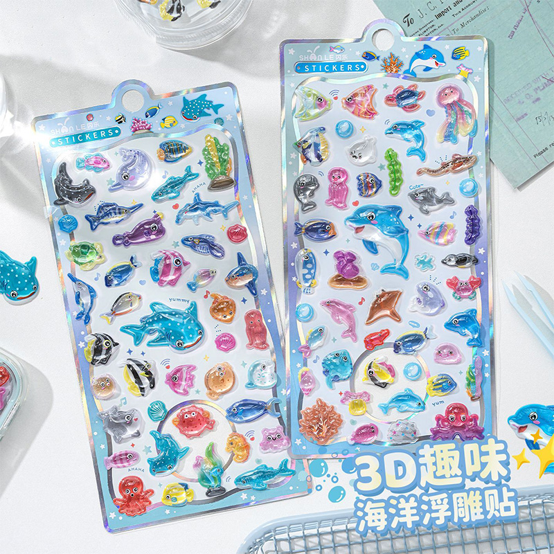 Japanese Lifestyle Anime - 和風漫画海洋生物 3D レリーフクリスタルステッカーかわいいイルカサメ装飾ステッカー Diy 電話ケースおもちゃギフト