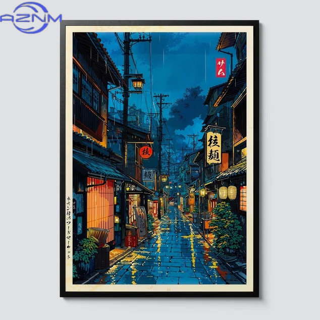 Japanese Lifestyle Anime - AZNM 日本の東京茶屋漫画キャンバスプリントアニメシティストリートカフェシーンウォールアートポスター現代のリビングルームの家の装飾用